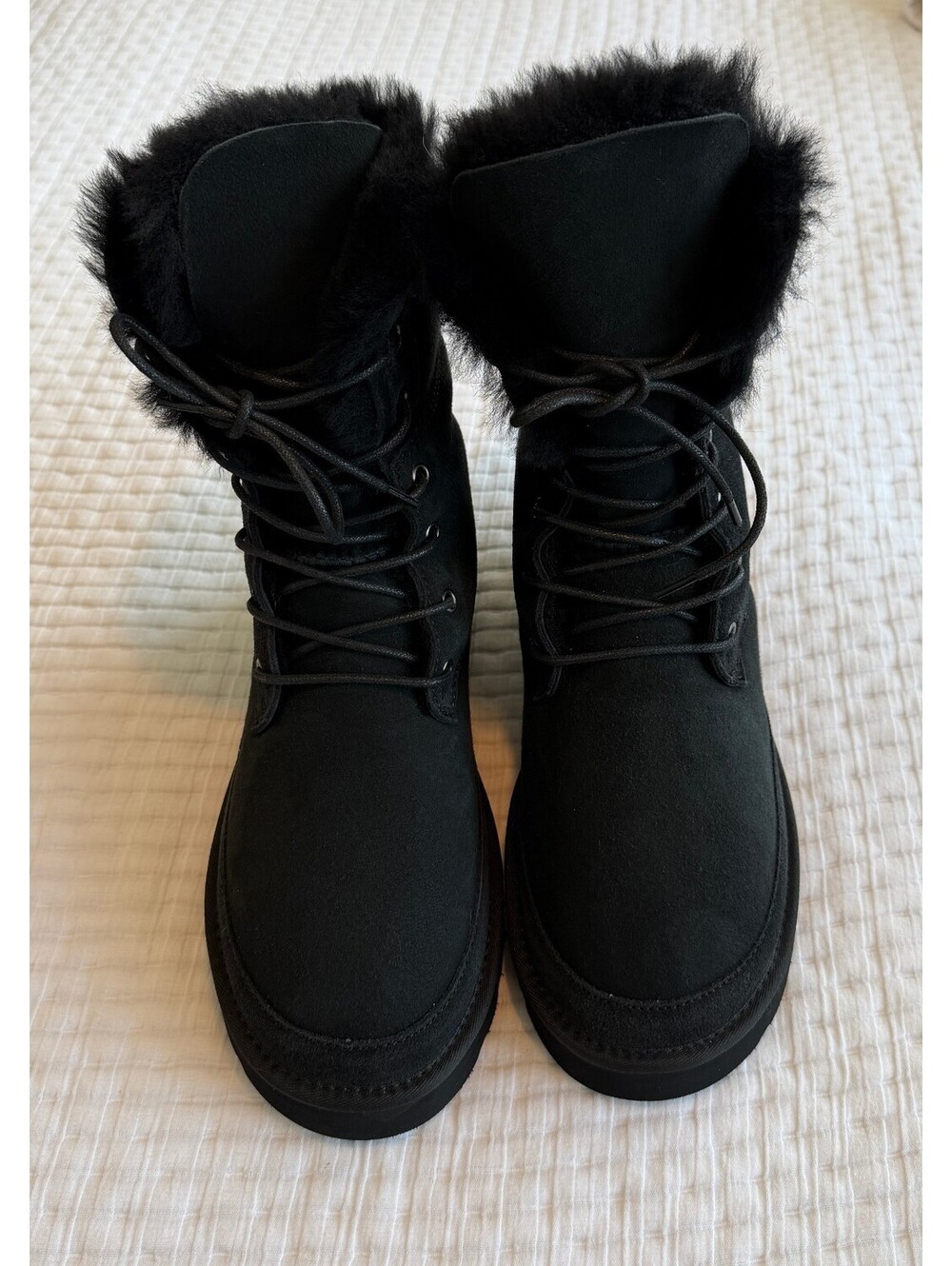 AU&MU Black Suede Sheepskin Lace-Up Winter Boots Women’s Size 8 Brand New - Picture 2 of 7